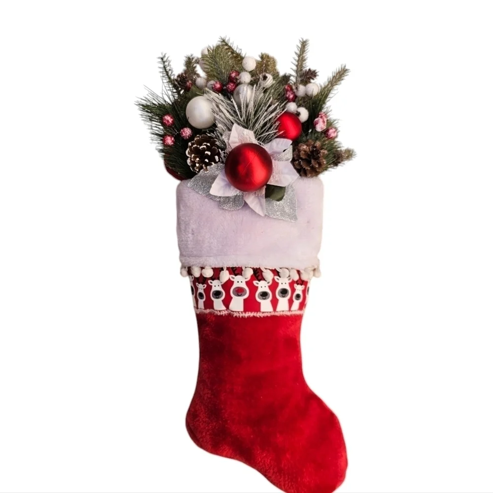 Handmade Christmas Door Hanger Holiday Wreath Stocking Rudolph